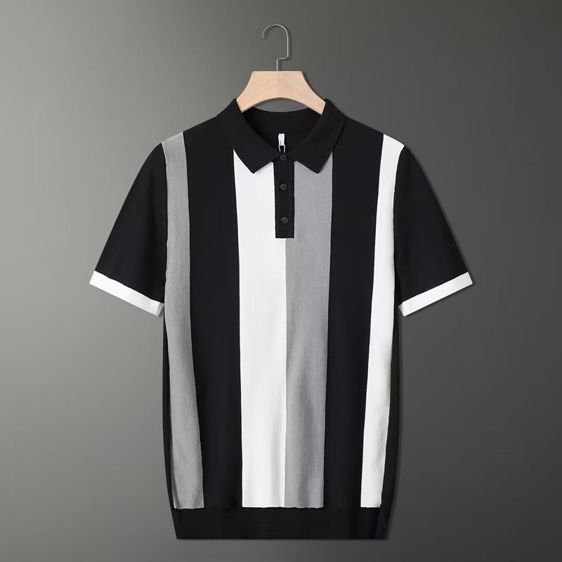 Men's Clothing Lapel Short Sleeved Knitted Sweater Ice Silk Striped Color Matching Business Slim T-Shirt_voghion.com
