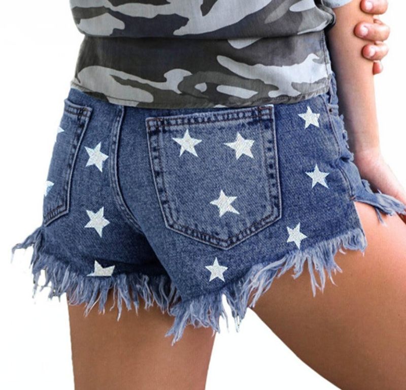 pantaloncini da donna con stella stampata con nappe a vita alta alla moda_voghion.com