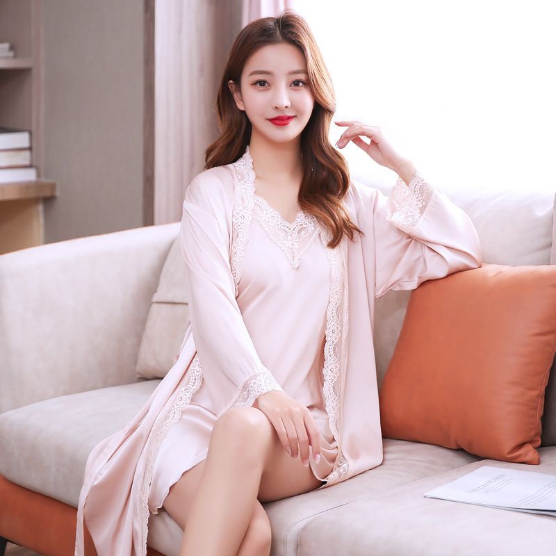 Women's Sleepwears Women's sexy pajama slip nightdress two-piece gown with lace lace_voghion.com