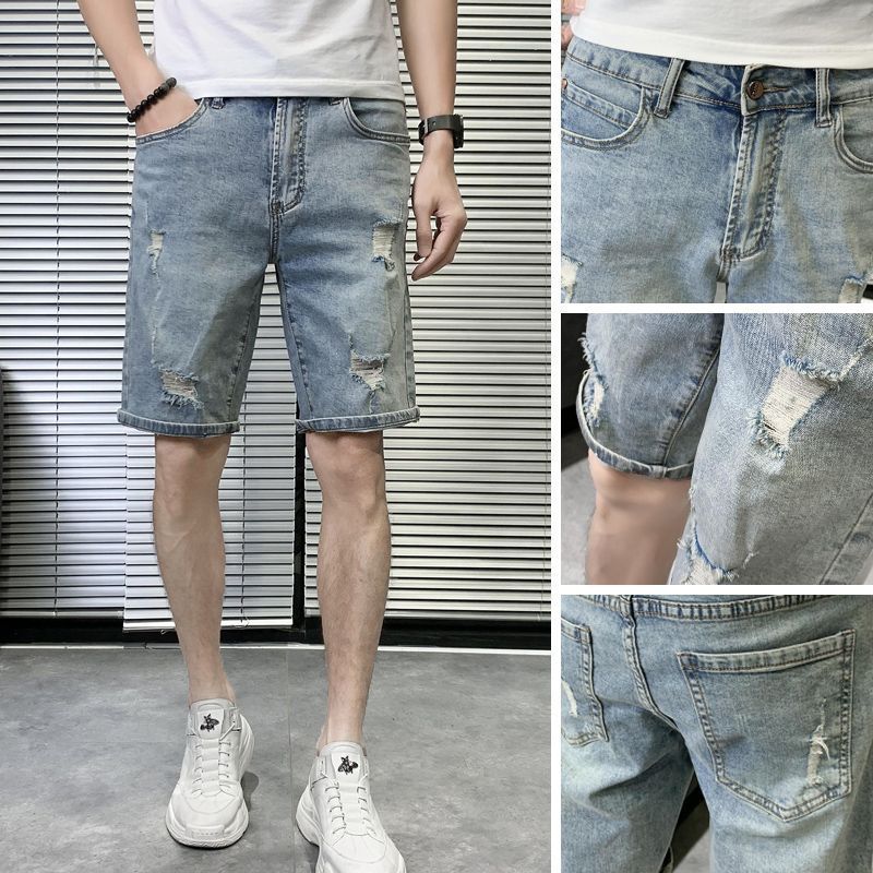 Perforated denim shorts, men's summer thin brand, ruffian and handsome, beggar scraped off five piece pants, trendy_voghion.com