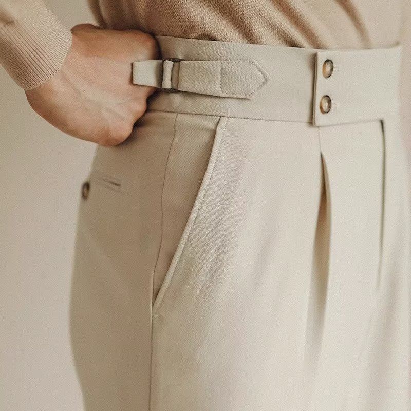 Pantalones casuales caqui de verano para hombre, estilo ligero y maduro, pantalones ajustados de alta gama, marca de moda, pantalones de nueve puntos para pies pequeños para niños_voghion.com