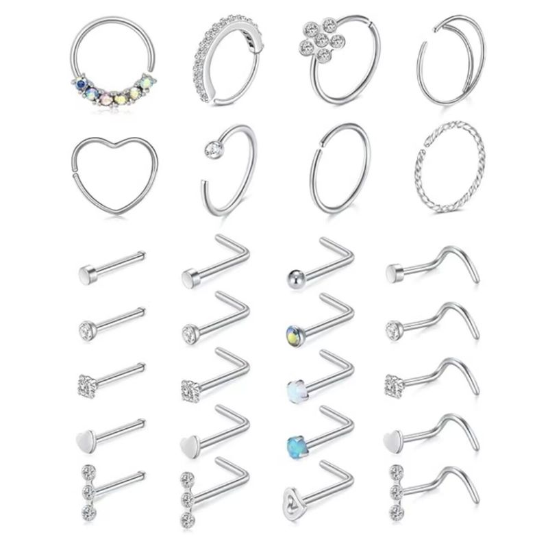 28-Piece Set Of Stainless Steel Nose Stud Puncture Nose Ring C-shaped U-shaped L-shaped Nose Stud Nose Ring Combination Titanium Steel Jewelry_voghion.com