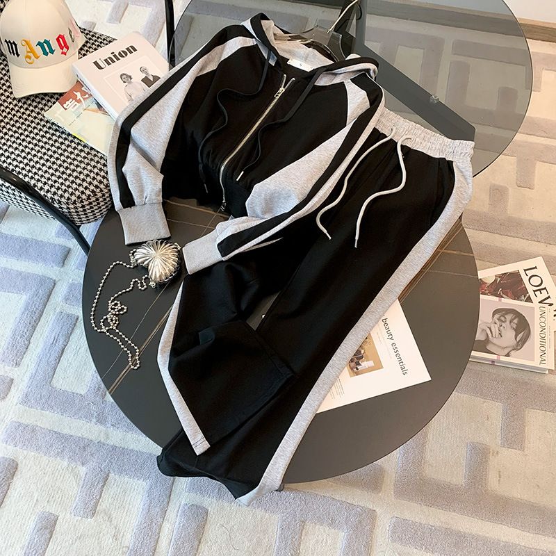 Women's Clothing Women's casual autumn and winter Korean style fashion color matching hooded short sweater small jacket wide leg pants two piece suit_voghion.com