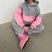 Damen-Set aus Color-Block-Hoodie und Jogginghose – trendiges zweiteiliges Outfit aus Polyester für Streetwear und lässigen Komfort (S–XL, Pink-Grau-Kontrast)_voghion.com