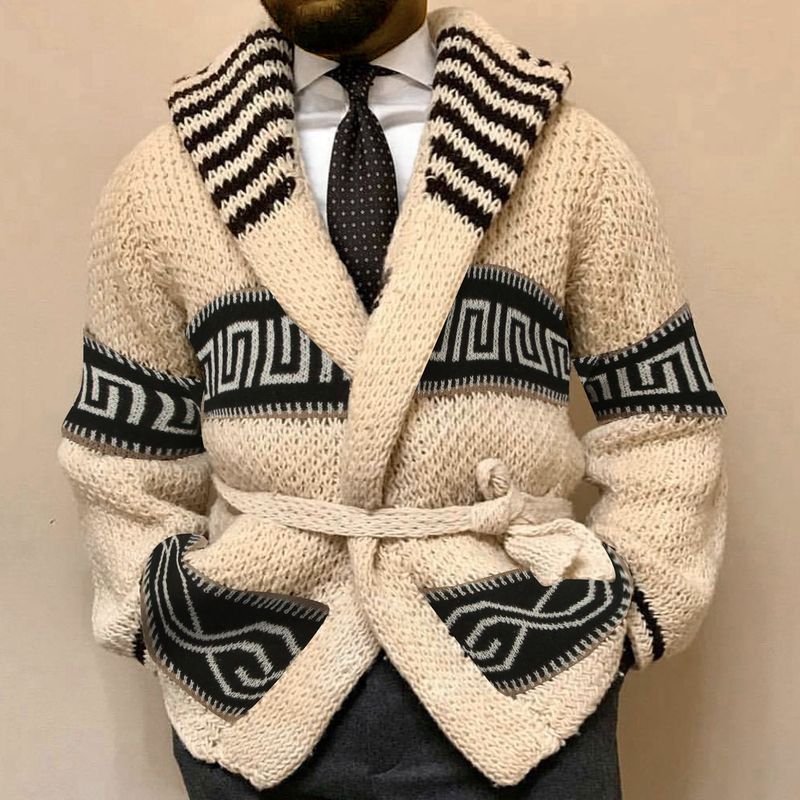 Herren Herbst Winter Jacquard Strick mit Revers und dicker Nadel Strickjacke Pullover Jacke SY0085_voghion.com