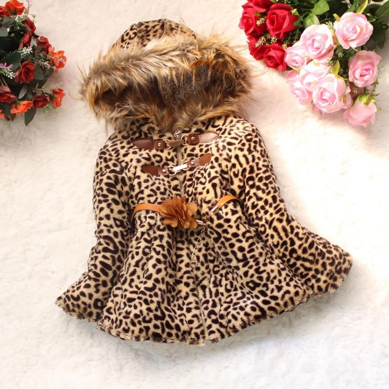 Palton gros cu blană căptușită cu imprimeu leopard pentru fete, palton din imitație de blană, palton pentru fete_voghion.com
