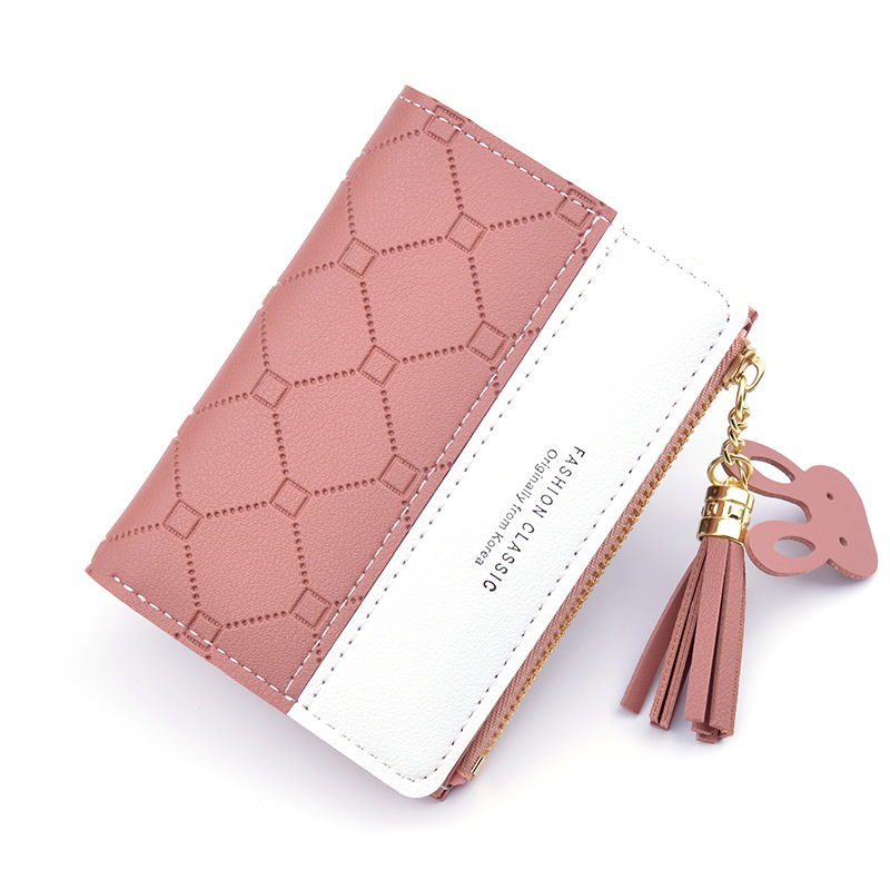 Frae kuerz Portemonnaie Patchwork kleng Reißverschluss Täsch Karoéiert geprägt Quasten Portemonnaien léif einfach Kaartehalter rosa Mini Geldbeutel_voghion.com