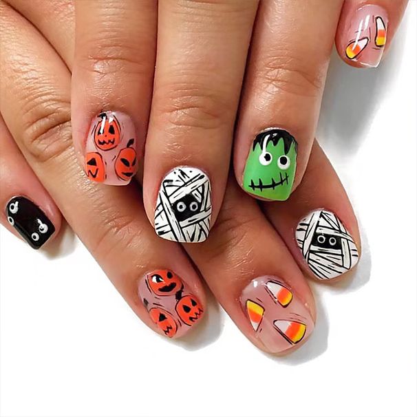 Wearing Manicure Finished Halloween Mummy Multi-Eye Orange Pumpkin Head Wearing Manicure Patch Foreign Trade 24 Pieces_voghion.com