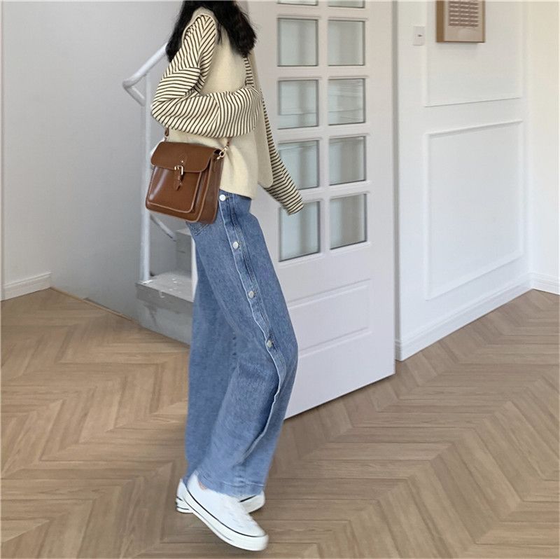 Kneppejeans for dame, høy midje, høst, tynn passform, løs, vide ben, plus size, chubby sister, mm, koreansk dame_voghion.com