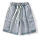 Trendy Men's Casual Workwear Denim Shorts, Summer Multi Mouth Bag, Elastic Waist, Work Wear Capris_voghion.com