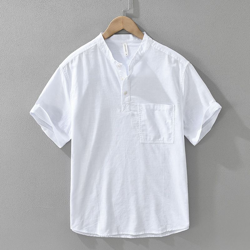 Cotton And Linen Pullover Short Sleeved Shirt For Men, Versatile Artistic And Casual Loose Stand Up Collar Top_voghion.com