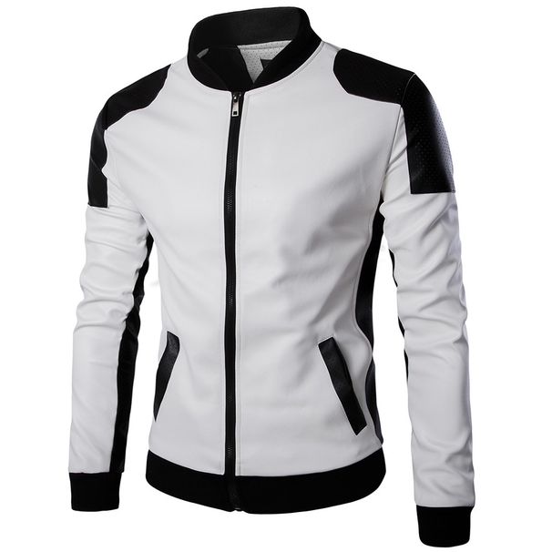 Men’s Stand Collar Leather Jacket – Trendy Black & White PU Leather Coat, Slim Fit & Large Size (M-5XL)_voghion.com