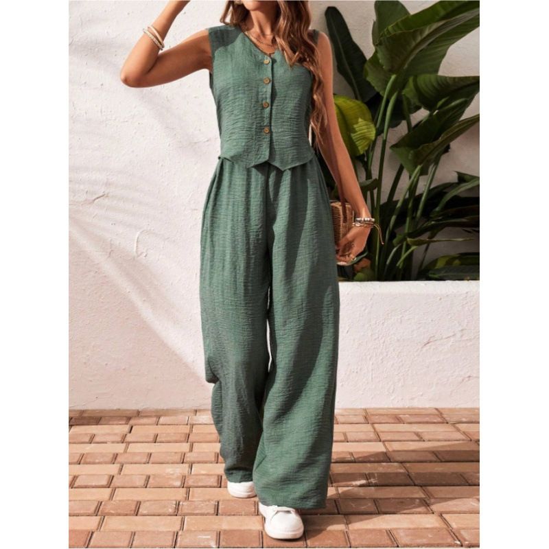 Damenbekleidung Sommer Casual Pendeln Frontknopf Weste und Hose Set V-Ausschnitt Weste_voghion.com