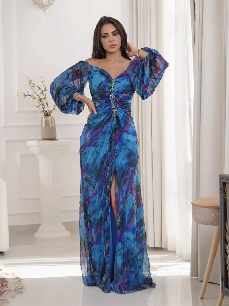 Abito da donna casual ampio e plissettato con stampa a maniche lunghe, stile INS, da festa_voghion.com