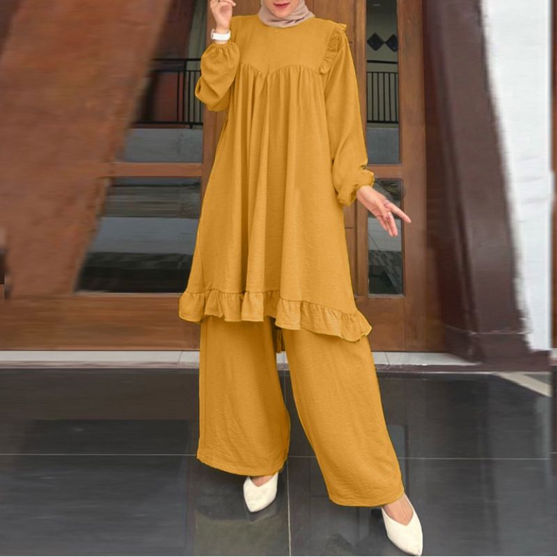 Muslim Arabic style commuting daily casual lotus solid color splicing temperament home fashion suit pants for women_voghion.com