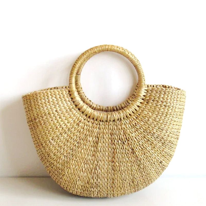 Gelbe Gras-halbrunde Handtasche, einfache, einfarbige Strohtasche für den lässigen Urlaub und Strand_voghion.com