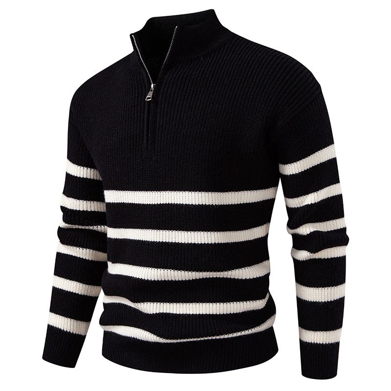 Maglione a righe con mezza zip da uomo – Pullover con collo alto in misto modal-spandex (traspirante, anti-pilling, vestibilità comoda, lavabile in lavatrice)_voghion.com