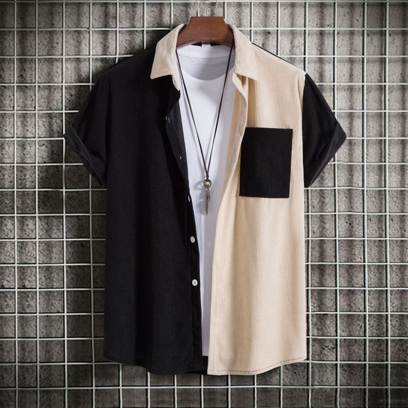 Camicia a maniche corte con risvolto da uomo Camicia a maniche corte con risvolto in velluto a coste_voghion.com