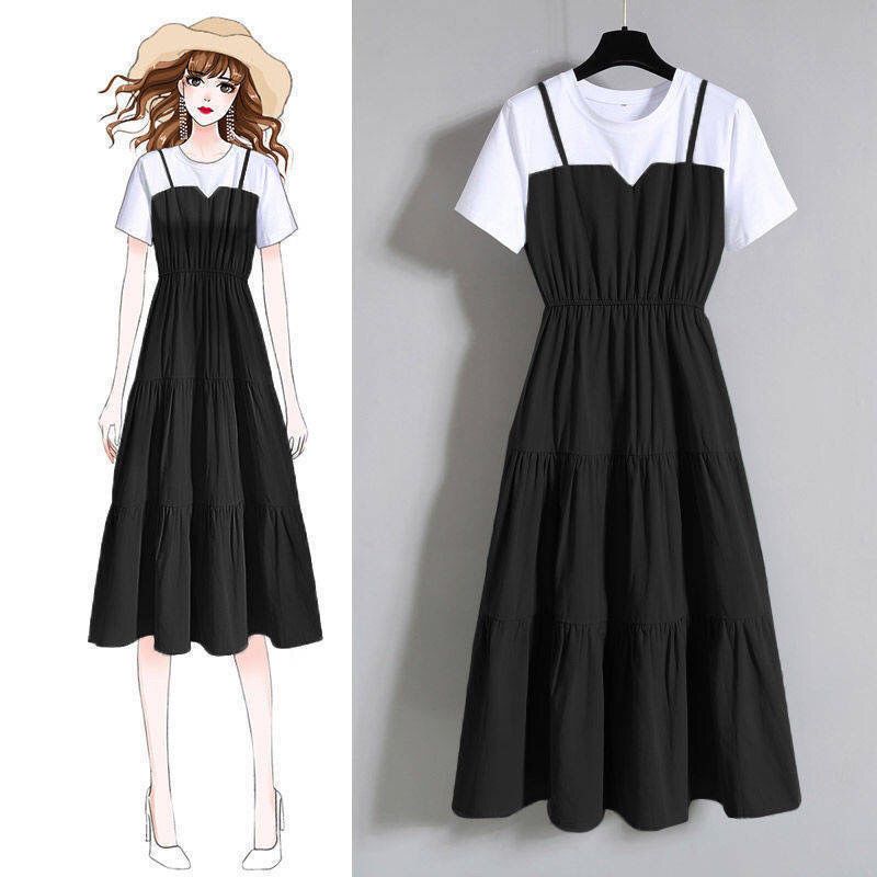 Dameskleding Damesmode Sling Tweedelige Lange Rok Zomer Dikke Meid Nieuwe Stijl Slanke Korte Mouw Jurk_voghion.com