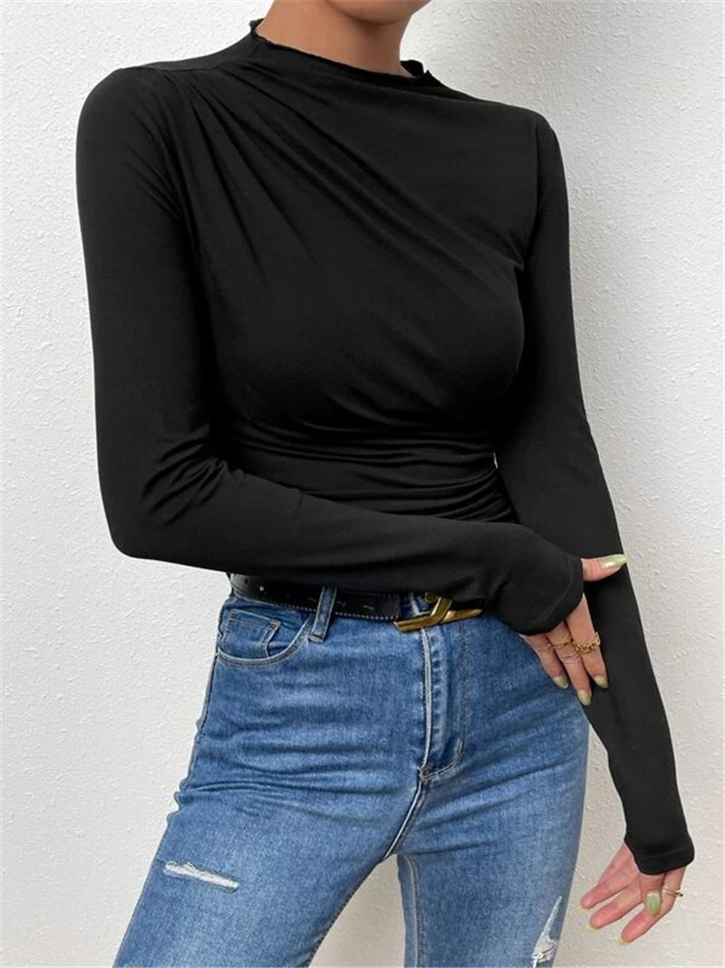 Einfarbiges Slim-Fit-Hemd, vielseitiges Langarm-T-Shirt mit Plissee-Design für Damen_voghion.com