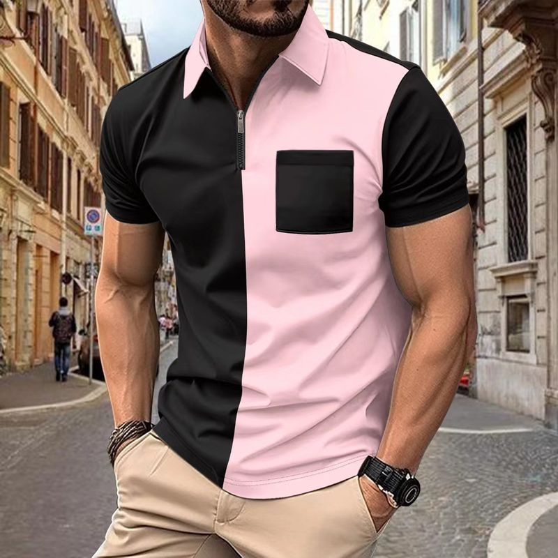 Herren Poloshirt Brusttasche Farblich passender Reißverschluss Lässige Mode Kurzarm T-Shirt Männer_voghion.com
