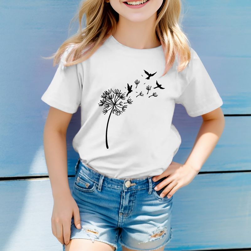 Mor og børn 2024 sommer udenrigshandel børnetøj Ny mælkebøtte Sødt print børne-t-shirt med rund hals Kortærmet børne-top_voghion.com