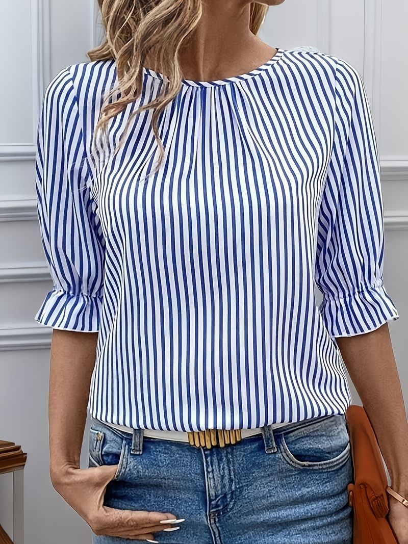2025 Spring Summer New Striped Shirt Women's Ruffled Short Sleeve Top With Back Buttons_voghion.com