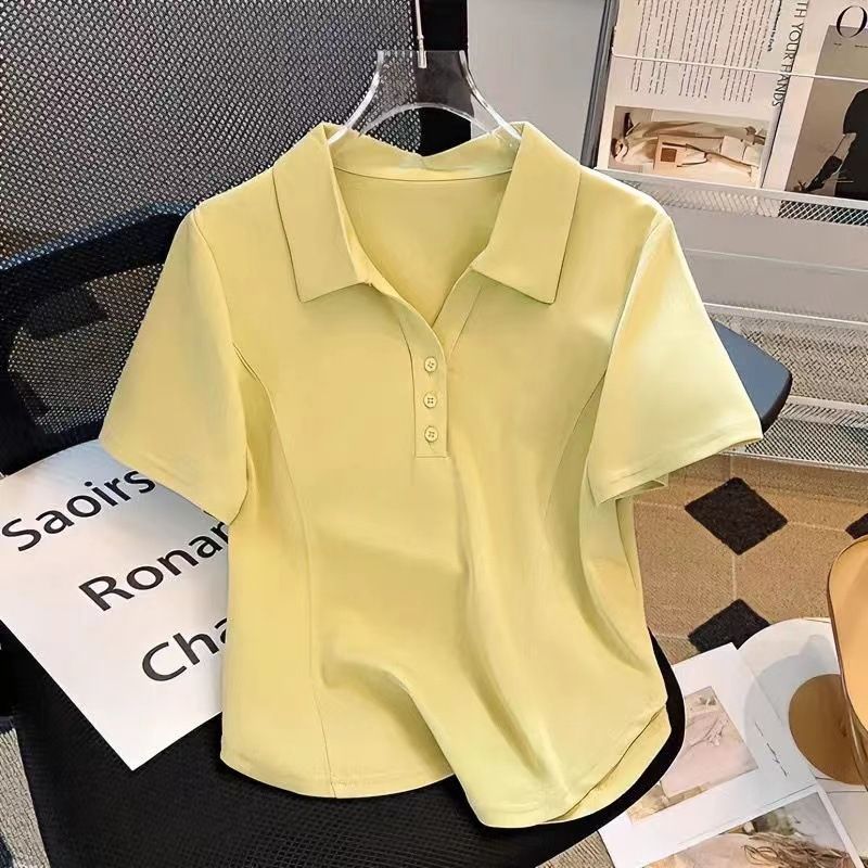 Vêtements pour femmes, couleur unie, épaules dénudées, col polo, manches courtes, ample, amincissant, tout assorti, hauts_voghion.com
