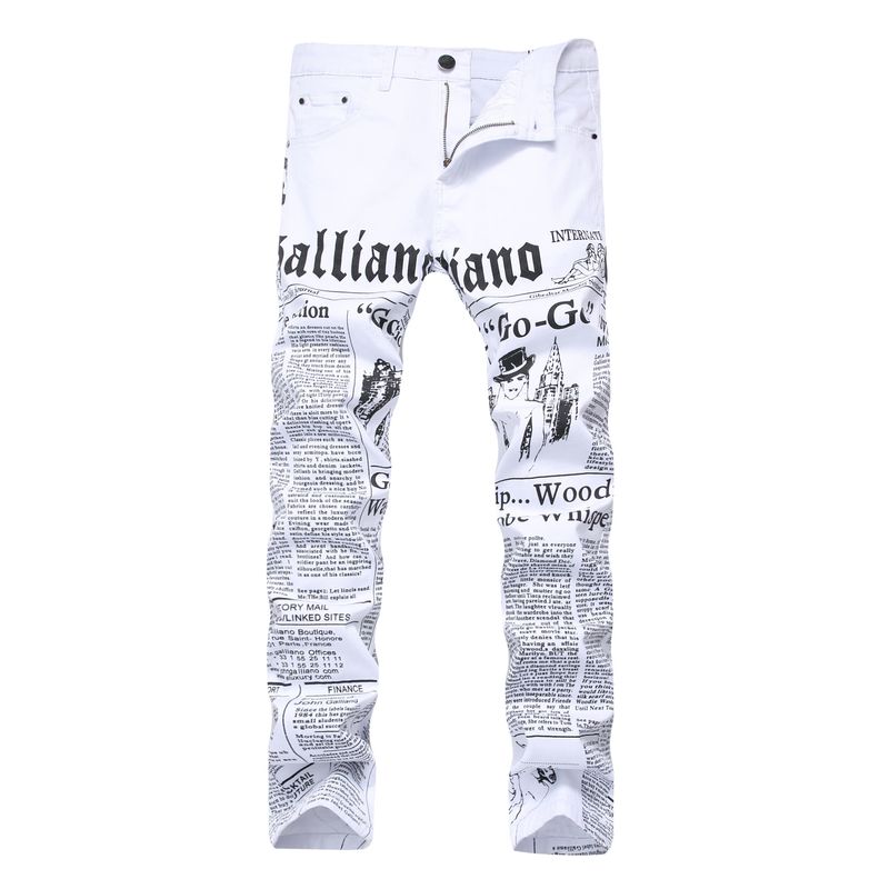 Jeans stampati bianchi da uomo Lettera Pantaloni da uomo casual slim fit elasticizzati stampati in inglese all'estero_voghion.com