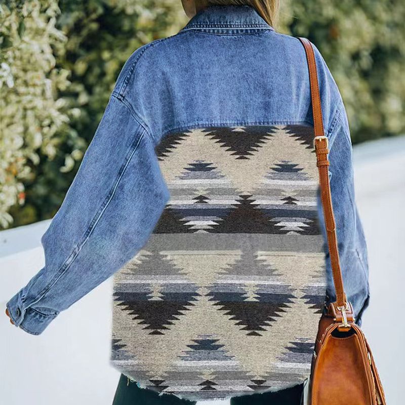 AZTEC Geometric Pattern Long Loose Denim Patchwork Lapel Button Button Women's Woolen Coat_voghion.com