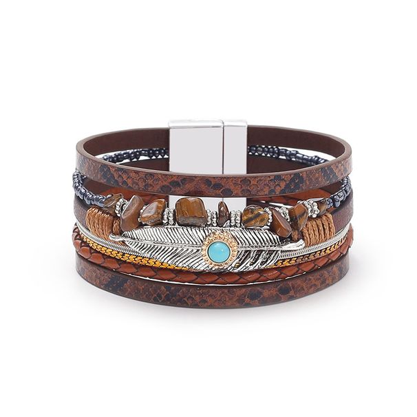 Gravel Feather Leather Women's Bracelet Creative Retro Feather Turquoise Magnet Clasp Bracelet_voghion.com