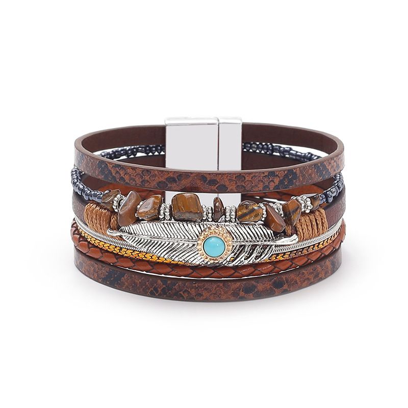 Pulseira feminina de couro com penas de cascalho, criativa, retrô, com fecho magnético turquesa_voghion.com