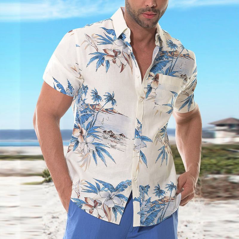 Herrenbekleidung Sommer Neue Mode Print Kurzarm Revers Strandhemd_voghion.com