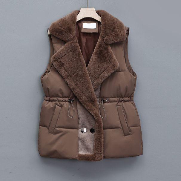 Faux Shearling Vest With Quilted Panels – Reversible Belted Puffer Gilet (M-XL, Polyester Shell, Winter White/Black/Taupe)_voghion.com