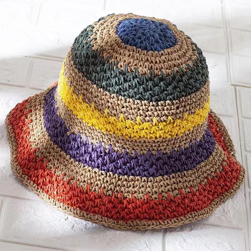 New Arrivals Rainbow Summer Striped Bucket Women Crochet Foldable Panama Hat Female Beach Sun Visor Cap_voghion.com