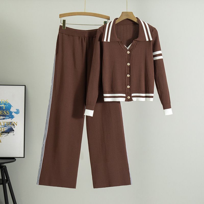 Women’s Clothing striped contrast color knitted cardigan suit women's spring V neck top coat high waist wide leg pants two piece suit_voghion.com