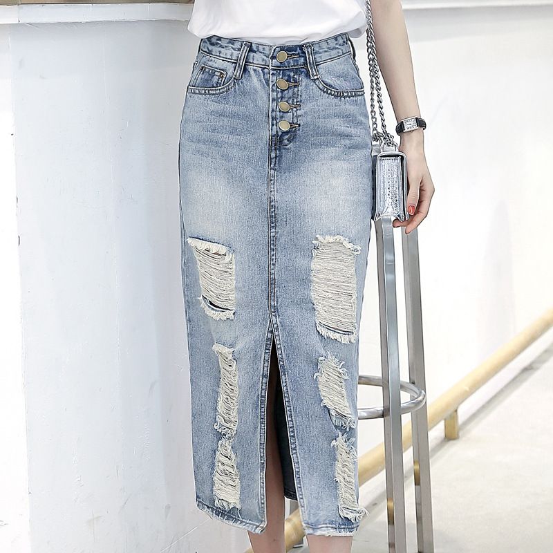 Gonna a tubino snellente versatile con spacco frontale, stile coreano, sopra il ginocchio, con sfrangiatura, per donna, Verve Denim Midi_voghion.com