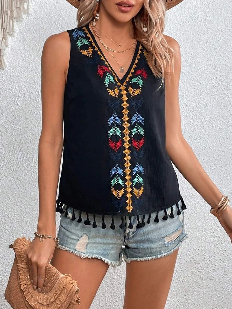 Women's summer ethnic style V-neck embroidery stitching hem fur vest top_voghion.com
