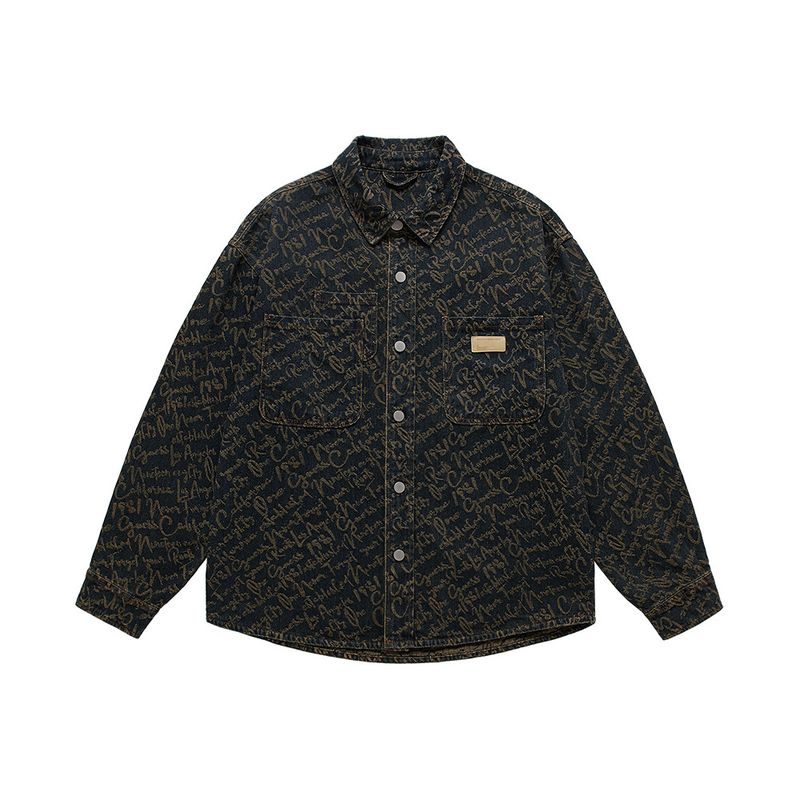 Men's Clothing high end jacquard craft denim shirt men's spring and autumn retro washed old lapel casual shirt jacket men_voghion.com