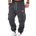 Urban Style Cargo Pants For Men With Leather Logo Patch, Multi-Pocket Design & Drawstring Waist - Comfortable & Trendy Casual Trousers_voghion.com