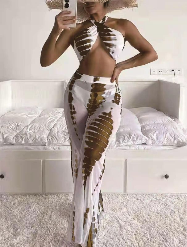 Kadınlar Tam Baskılı Dikey Ve Yatay Bikini Mayo Ve Kapalı Pantolon Bikini_voghion.com