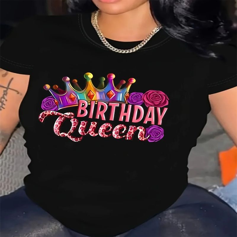 Birthday Queen Grafisch Print T-shirt - Dames Casual Ronde Hals Korte Mouw Top voor Zomer Lente._voghion.com