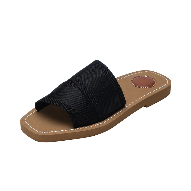 Sommer Slides Canvas Webbing Fladbundede Tøfler Dame Tøfler Ydertøj Et Ord med Tykke Bund Sandaler Dame Afslappet Sko_voghion.com