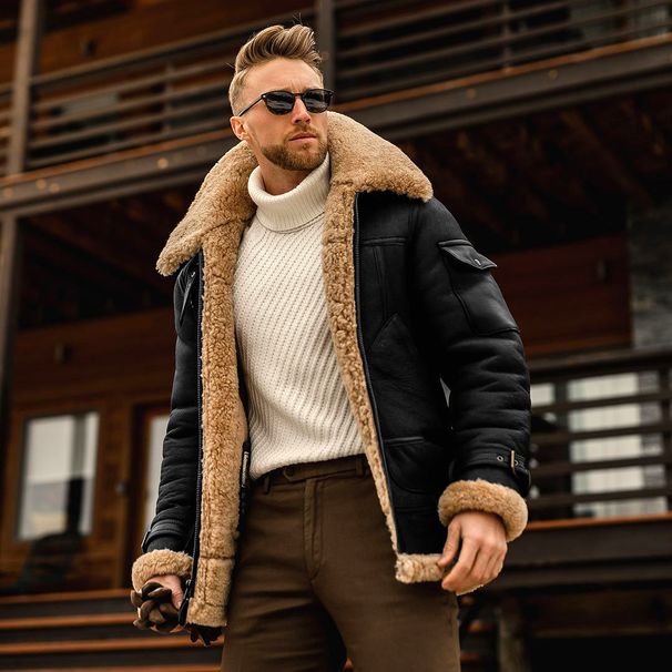 Herrenbekleidung Herren Winterjacke aus mattem Wildleder-Verbundleder mit Fleecefutter – Slim Fit, mehrere Taschen, lange Ärmel (Schwarz, Braun, Khaki, Rot)_voghion.com