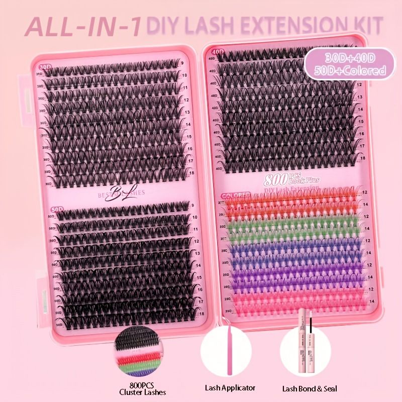 Wimpern-Set, Wimpernbuch, DIY, einzelne Cluster, farbige künstliche Wimpern, 800 Cluster, DD Curling, gemischte Packung, Wimpernbuch, Werkzeugset_voghion.com