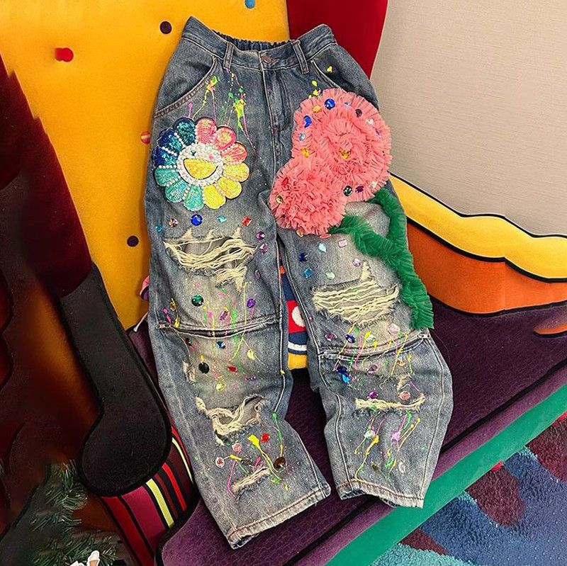 Women's Clothing  Beaded ripped jeans women's high-waisted straight leg pants_voghion.com