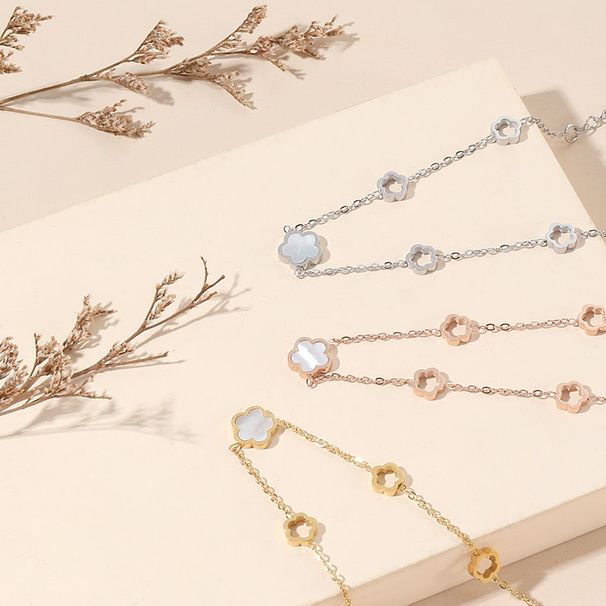 Bracciale da donna con ciondolo a forma di nappa, conchiglia bianca cava, fiore di trifoglio, in acciaio al titanio, stile palazzo, retrò, squisito, per pendolari_voghion.com