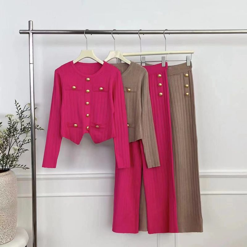 Women's Clothing temperament fashion round neck top button design knitted two piece autumn solid color suit for women_voghion.com