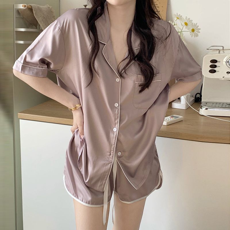 Reine Farbe, einfache Sommerseide, kann Pyjamas mit kurzen Ärmeln, Heimkleid und Seidenanzug tragen_voghion.com