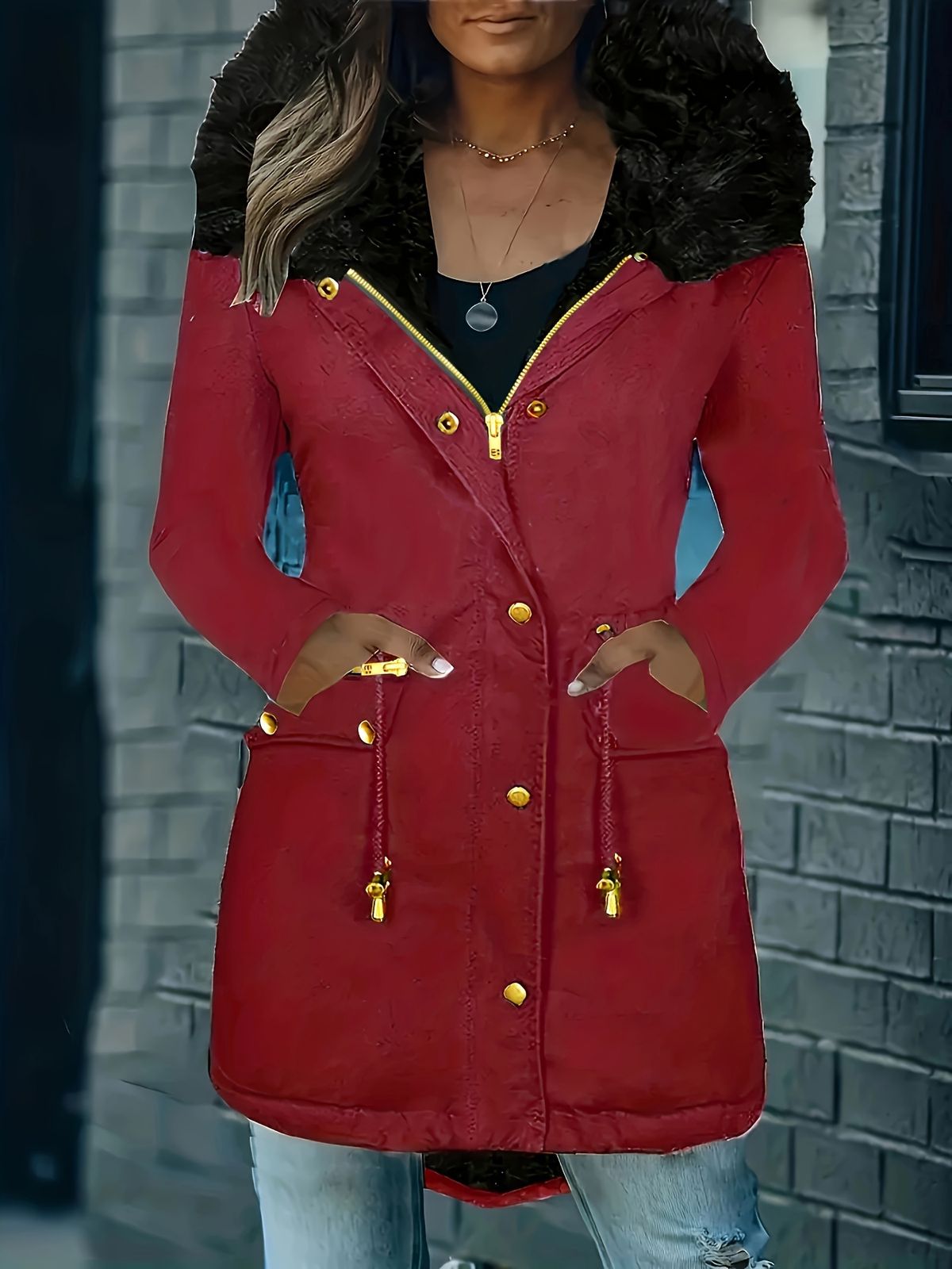 Zip-up Button Front Parka Thermal Long Sleeve Fur Trim Hooded Drawstring Winter Coat, Women's Clothing_voghion.com